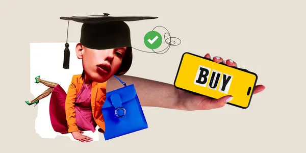 Contemporary art collage. Surrealistic collage. Quirky young girl, student donning graduation cap holds smartphone with the word BUY on screen. Concept of educated purchasing decisions in digital age.