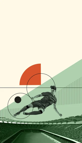 Poster. Young man, football player in motion, kicking ball in jump in green filter against creative background. Concept of sport games, football match, world cup tournament. Championship 2024.