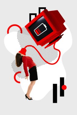 Çağdaş sanat kolajı. Kızların yüzüne kabloyla bağlanmış ve şarj oluyor. Dijital detoks kavramı, sosyal medya bağımlılığı. Dinlen, patlat, patlat. Ad