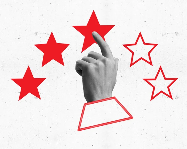 Modern aesthetic artwork. Hand in black and white filter exposes red stars. Customer feedback. Concept of shopping, customer service management, support, review, customer success, feedback. Ad