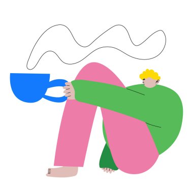 Modern sanat eserleri. Genç adam oturuyor ve sıcak sıcak bir içecek içiyor. Beyaz arka plana karşı sevimli bir karakter. Çizgi film tarzı. Elle çizilmiş Vektör çizimi. Yemek, iş ve mola kavramı, yaşam tarzı..