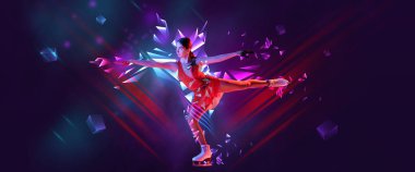 Pankart. Sportif, esnek bir kız, gradyan arka planda pembe çokgen ve akışkan neon elementlere karşı artistik patinajcı. Profesyonel spor, rekabet, şampiyonluk, zarafet ve güç kavramı. Ad