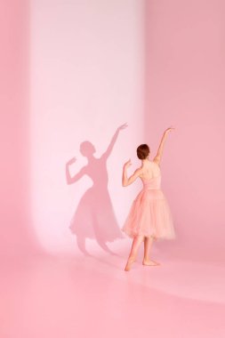 Balletic Grace. Klasik balerin pembe mayo ve uzun etekle gölgesi ile birlikte pastel pembe arka planda yalınayak dans eder. Zarafet kavramı, kadınlık balesi, güzellik, dans okulu. Ad