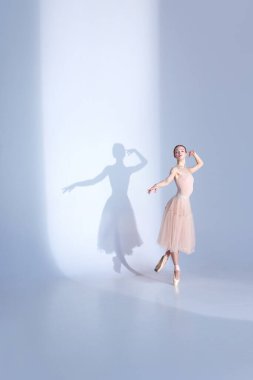 Bale zarafeti. Geleneksel beyaz etekli zarif balerinin tam boy portresi gölgesi ile beyaz stüdyo arka planına karşı dans ediyor. Zarafet kavramı, güzellik, bale, zarafet.
