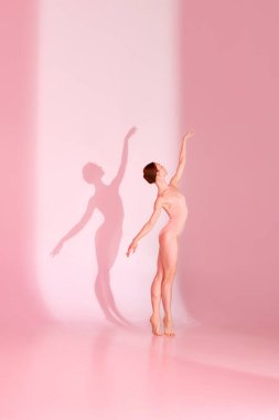 Pembe zarafet. Spor mayo giymiş bir kadın Pastel stüdyo arka planında zarif bir şekilde dans ediyor. Gölge onun özünü yakalar. Bale, güzellik, zarafet, hareket, gölge oyunu kavramı.