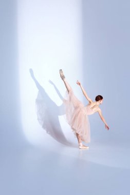 Ruhsal Bale. Beyaz etekle süslenmiş, beyaz etekle süslenmiş, beyaz stüdyoya karşı dans eden, narin gölgeler bırakan bir balerin portresi. Zarafet kavramı, güzellik, bale, duyarlılık.