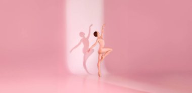 Huzurlu Bale. Pembe elbiseli dansçı, pastel arka planda yalınayak poz veriyor. Gölge onun sakinliğini yansıtıyor. Bale konsepti, sükunet, zarafet, güzellik ve sanat, yansıma.