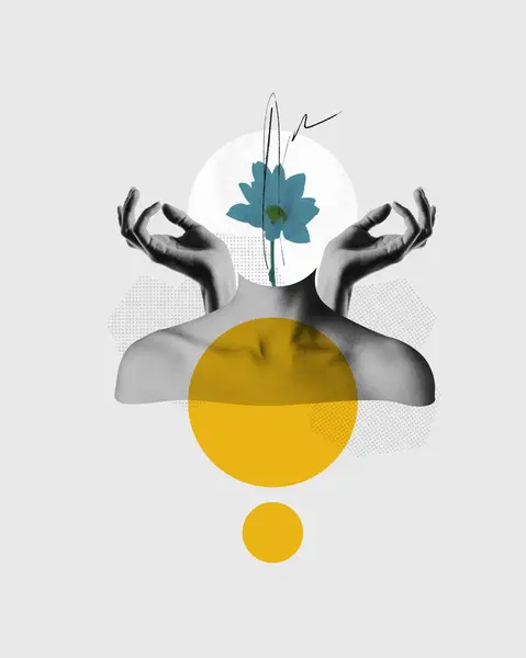 Poster, Contemporary art collage. Surreal monochrome image of person with hands raised, blue flower instead of head, yellow circles. Concept of modern aesthetic, minimalist and modern look, self care.