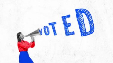 Çağdaş sanat kolajı. Kırmızı bluzlu ve mavi etekli genç bir kadın yüksek sesle beyaz arka plan aleyhinde oy kullandı. Oy verme, ülke, dünya, seçim kavramı. vatandaş katılımı.