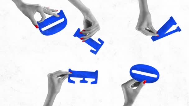 Animación Detener Movimiento Grupo Personas Manos Monocromas Sosteniendo Letras Azules — Vídeos de Stock