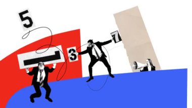 Hareketi durdur. Animasyon. İstatistiksel kanıt. Adam grafiğin üzerinde duruyor ve iş arkadaşları tarafından kendisine verilen rakamları topluyor çünkü patron rapor istedi. İş geliştirme kavramı, strateji, gelir.
