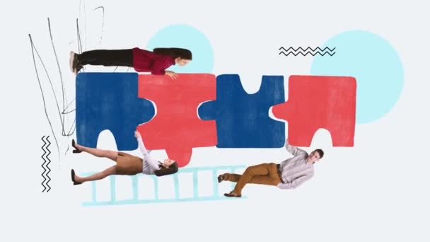 動かないで アニメーション パートナーシップを象徴するパズルを結びつけるプロジェクトに取り組む従業員 ビジネス オフィス チームワーク 達成の概念 垂直方向性について — ストック動画