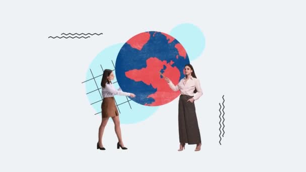 動かないで アニメーション 世界的なビジネス パートナーシップ 協力を象徴する世界地図を示す女性 ビジネス オフィス チームワーク 達成の概念 — ストック動画