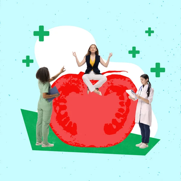 Modern aesthetic artwork. Girls in medical uniforms are examining a girl who is sitting on a large red slice of tomato. Concept of healthy lifestyle and body care, balanced diet, strength and power.