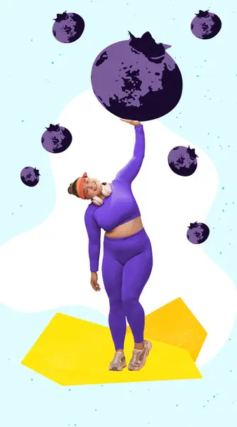 Modern aesthetic artwork. Young cubby woman on diet holds huge blueberry and doing exercises for hands with it. Concept of healthy lifestyle and body care, balanced diet, strength and power.