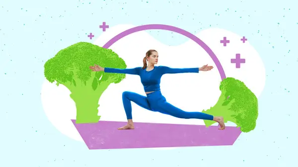 Modern aesthetic artwork. young healthy, athletics woman stretching, doing yoga exercises surrounding broccoli. Concept of healthy lifestyle and body care, balanced diet, strength and power.