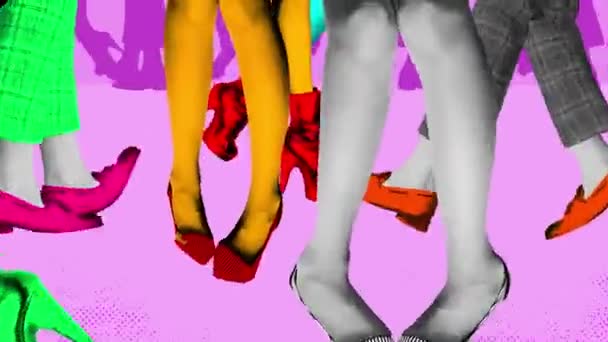 現代アニメーション 動かないで ダンサーの足は レトロカラーの背景に対してクラブでタップを踊ります 明るいコミックスタイルのデザイン アート ディスコ パーティー レトロファッション ハッピー — ストック動画