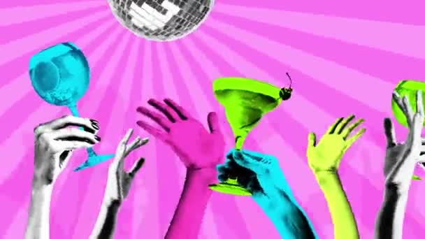 Современная Анимация Остановите Движение Руки Подняты Коктейлями Танцевальном Клубе Играть — стоковое видео