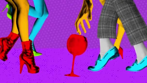 现代动画 停止运动 女性和男性穿着复古服装 一边跳舞一边喝酒 明亮的漫画风格设计 艺术概念 迪斯科 复古时尚 — 图库视频影像