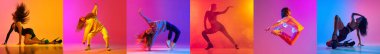 Kolaj. Farklı dans stillerinde dans eden bayan dansçılar, neon ışıkta farklı renkte arka planda dans ediyorlar. Kendini ifade etme ve hobi. Gençlik kültürü, hareket, müzik, moda ve eylem kavramı.