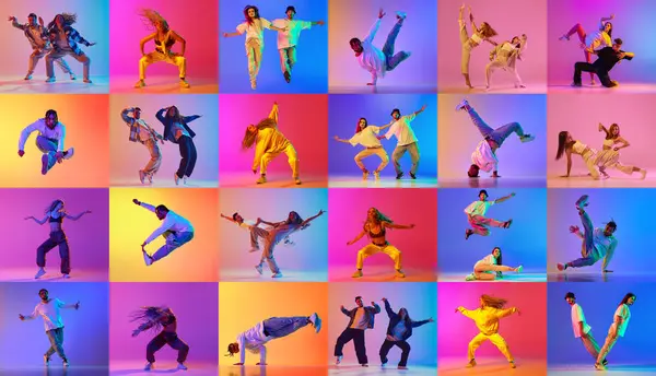 Kolaj. Farklı stillerde dans eden sanatsal insanların dinamik stüdyo portreleri neon ışıkta çok renkli arka plana karşı. Gençlik kültürü, hareket, müzik, moda ve eylem kavramı.