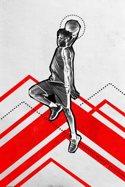 Poster. Modern aesthetic artwork. Powerful slam dunk. Yong basketball player make goal in motion. Grainy fabric effect. Concept of professional sport, championship, tournament, active games. Ad