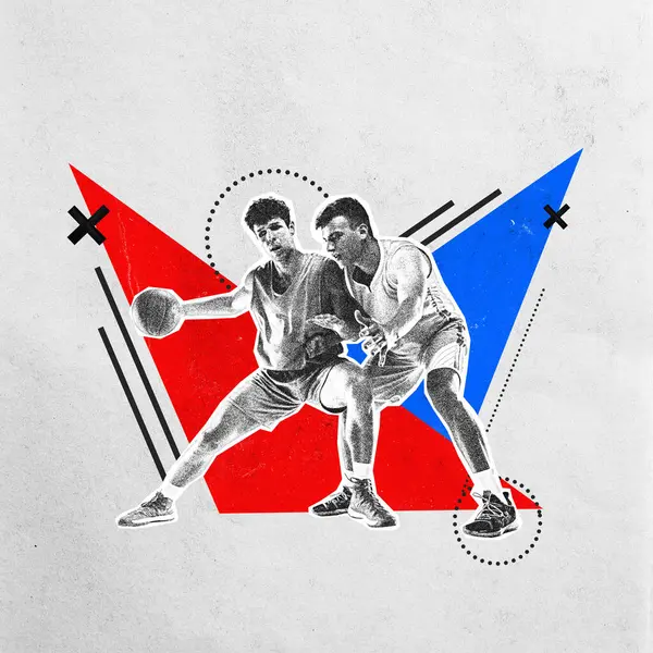 Poster. Modern aesthetic artwork. Two sportsman, plyers, opponents playing basketball in motion. Grainy fabric effect. Concept of professional sport, championship, tournament, active games, action. Ad
