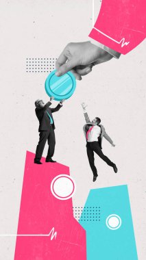 Çağdaş sanat kolajı. Bir el yetenekli bir işadamına para verir, diğeri daha aşağıda durur ve zengin parası için zıplar. İş ve finans kavramı, kişisel finans yönetimi