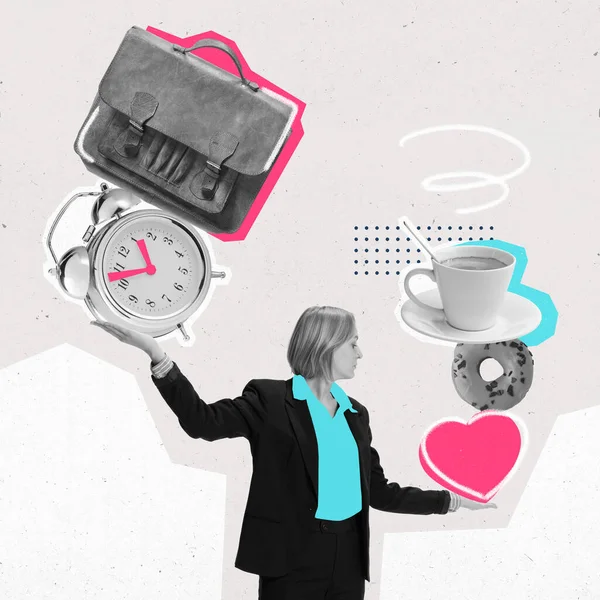 Poster. Modern estetik sanat eserleri. Monokrom filtreli kadın evrak çantası ve çalar saati dengeliyor, yanında kahve ve kalp var. İş ve kişisel yaşam dengesi kavramı, zaman yönetimi, kariyer.