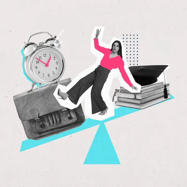Poster. Modern aesthetic artwork. Young woman trying to balancing on desk with bag, clock and books, symbolizing work and study. Concept of work and personal life balance, time management, career.