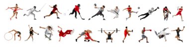 Pankart. Rekabetçi, güçlü, beyaz stüdyo geçmişine karşı hareket eden atletlerin çok sporlu kolajı. Hareket var. Spor anlayışı, eylem, aktif yaşam tarzı, başarılar, zorluklar.