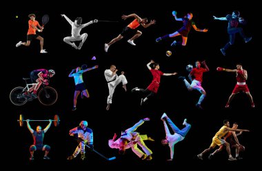 Profesyonel sporcuların portrelerinden yapılmış yaratıcı spor kolajı. Farklı spor dallarında siyah stüdyo geçmişine karşı. Hareket kavramı, aktif yaşam tarzı, başarılar, zorluklar.