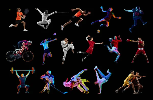 Collage Deportivo Creativo Hecho Retratos Atletas Profesionales Diferentes Tipos Entrenamiento — Foto de Stock