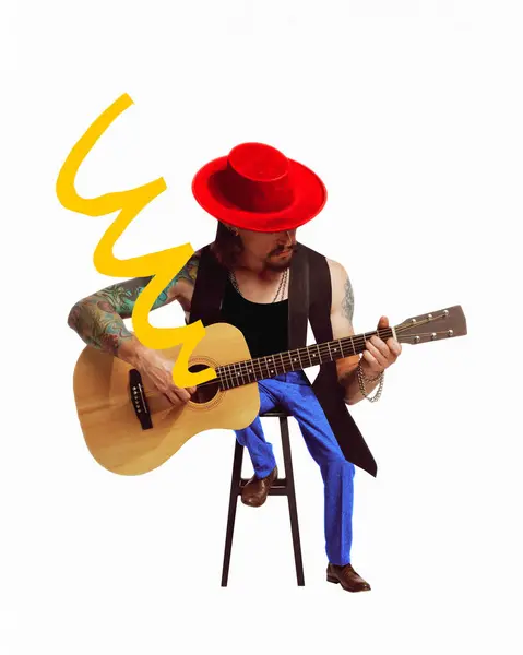 Poster. contemporary art collage. Young man in red hat with huge body nd small legs virtuously playing melodies on guitar. Concept of music and dance, self-expression. Trendy urban magazine style
