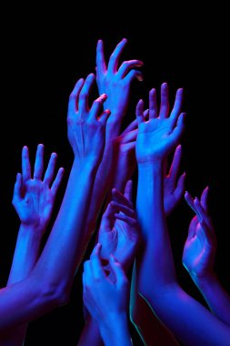 Siyah stüdyo arka planına karşı çok renkli neon ışıklarla birbirine uzanan iyi hazırlanmış hassas ellerin fotoğrafı. İnsan dokunuşu, güzellik ve bakım kavramı, spa prosedürleri.