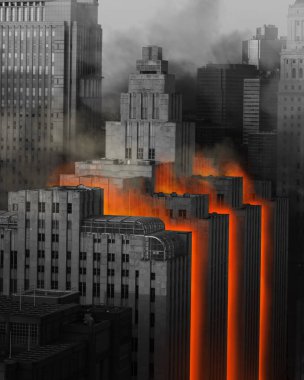 Poster, Çağdaş Sanat Kolajı. Seçici turuncu neon ışıklı tek renkli şehir manzarası dramatik bir kontrastlık yaratıyor. Şehir sokak tarzı. Kültür, gelecekçilik, yenilik ve dijital çağ kavramı.