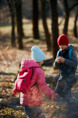 Küçük çocuklar, katmanlı kıyafetler giymiş sınıf arkadaşları güneşli bir günde ormanlık alanı keşfediyorlar. Çocuk gelişimi, okul ve çocukluk için açık hava aktiviteleri kavramı. Ad
