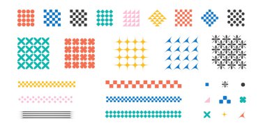 Vektör çizimi. Beyaz arkaplana karşı çizilmiş karikatür sanat tarzında çağdaş renkli süsler ve geometri figürleri. Simgeler ve grafikler. Minimalist tasarım. dekorasyon.