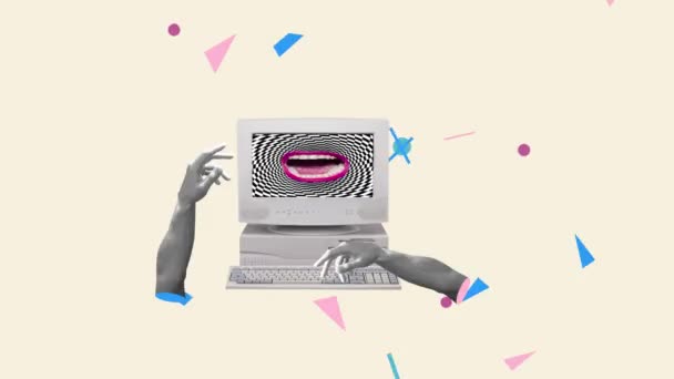 Modern Sanat Video Kolajı Nsan Eli Retro Bilgisayarda Daktilo Ediyor — Stok video