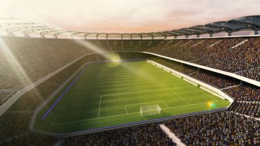 Çimen tarlası olan boş futbol stadyumunun hava manzarası. 3 boyutlu görüntüleme. Bulutlu akşam gökyüzü. Spor, şampiyonluk, maç, oyun alanı kavramı. Afiş, spor oyunları ilanı, etkinlikler.