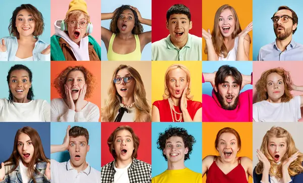 Surprised, delighted people. Group of diverse men and women posing and expressing positive emotion over multicolored background. Concept of human emotions, youth, lifestyle, business, job fairs and ad