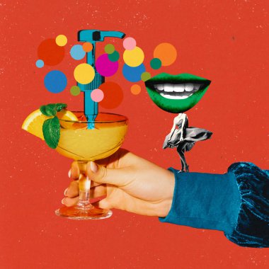 Poster. Contemporary art collage. Hand holding cocktail glass with dispenser from which drops flying out to girl in retro attire with green lips instead of head. Party, nightclub, Friday mood concept. clipart