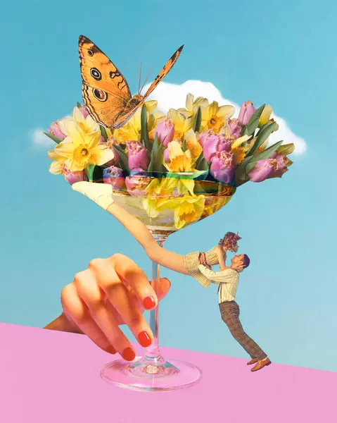 Poster Çağdaş Sanat Kolajı Çiçeklerle Dolu Kokteyl Bardağının Yanında Dans Stok Fotoğraf