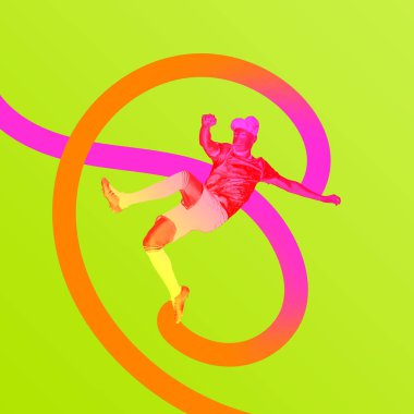 Poster. Çağdaş sanat kolajı. Futbolcu eğitiminin silueti hareketli arka plan hareketlerini sembolize ediyor. Profesyonel spor kavramı, rekabet, turnuva.