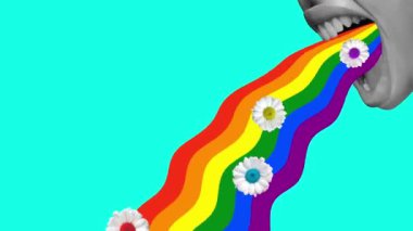 Çağdaş stop hareketi. Animasyon. Genç bir kız canlı bir siyaha karşı gökkuşağıyla kustu. Dergi tarzı. Moda, canlı bir renk. Güzellik kavramı, ilham, eşitlik, insan hakları..