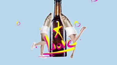 Bira partisi. Hareketi durdur. Animasyon. Bira şişesi ve biraya yaslanmış balık kafalı iki kadın. Soğuk içecek. Festival konsepti, ulusal gelenekler, tat, içki, Ekim Festivali. İlan için alanı kopyala