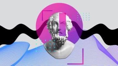 Hareket etmeyi, animasyonu durdurun. Geometrik çok renkli arka planda izole edilmiş alçı heykel büstü olan çağdaş sanat. Modern tasarım. Çağdaş renkli ve kavramsal parlak sanat.