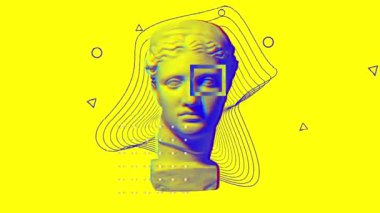 Hareket etmeyi, animasyonu durdurun. Sarı arka planda izole edilmiş alçı başlıklı çağdaş sanat eserleri. Metninizi eklemek için boşluk yok. Modern tasarım. Çizgi çalışması. Modern sıradışı sanat.