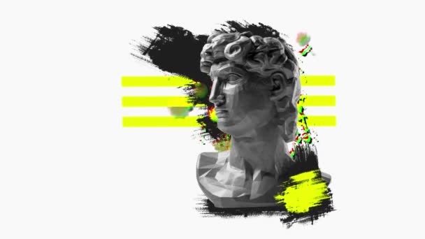 アニメーションを停止する ダビデの頭部のレプリカを用いた現代美術 線画の黒い背景に隔離されたプラスター像 テキストのためのスペースをコピーします 現代的なカラフルなコンセプトの明るい芸術 — ストック動画