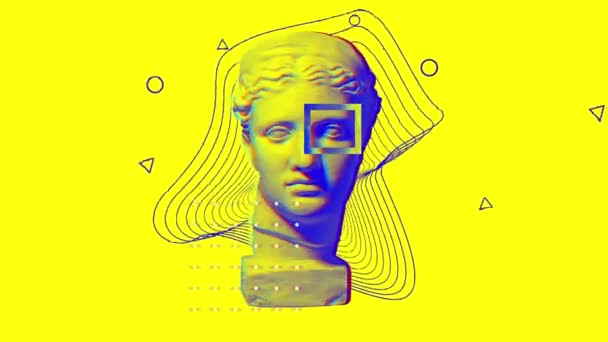 アニメーションを停止する 黄色のバックグラウンドで隔離されたプラスターヘッド像を用いた現代美術 テキストを挿入する負のスペース モダンなデザイン ラインアート 現代の珍しいアート — ストック動画